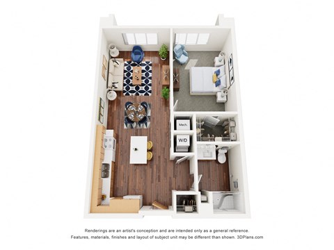 Floor plan for 1 bed, 1 bath, 743 sqft